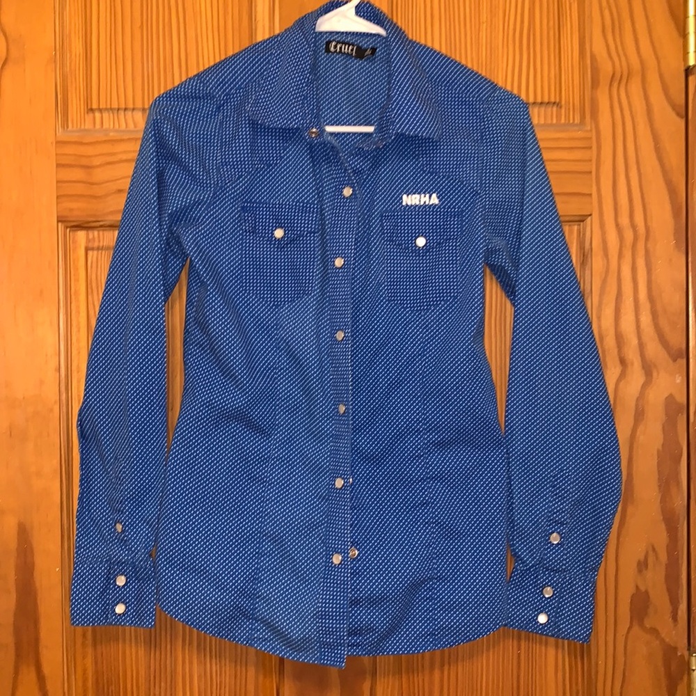 Blue Polka Dot Cruel Girl Pearl Snap w/ NRHA Logo